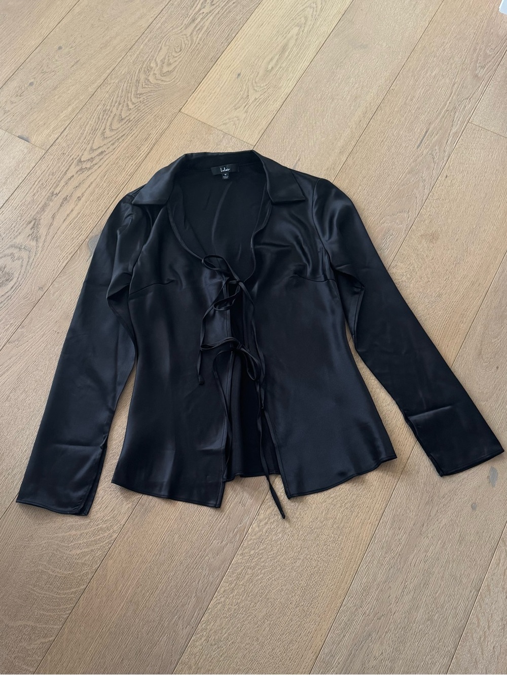 Lulus Coveted Aesthetic Black Tie-Front Long Sleeve Collared Top Medium - Picture 5 of 11